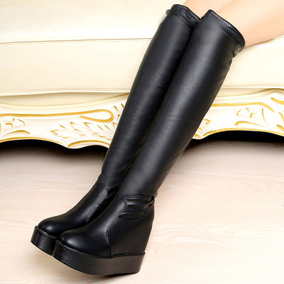 2020 autumn and winter long tube slope with thin thick bottom increased elastic high-heeled boots ladies boots boots Knee Boots - goldylify.com