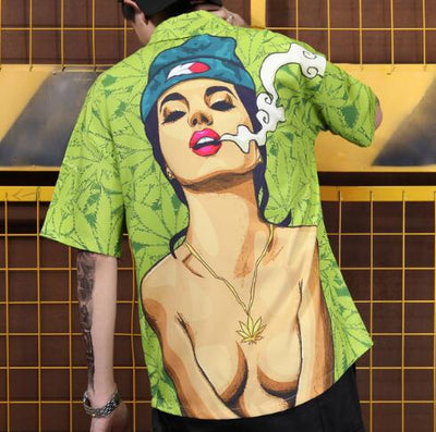 LFF 2020 Men Fashion Summer Slim Sexy Women Leaves Print Short Sleeve Loose Shirt Male Casual Hawaiian Style Beach Green Shirt - goldylify.com