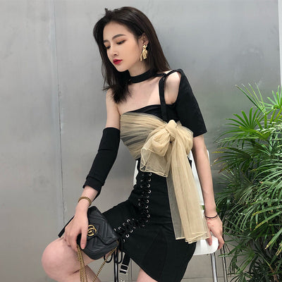 New style of sexy small crowd Hong Kong flavor retro personality cool temperament mesh stitching T-shirt blouse woman - goldylify.com