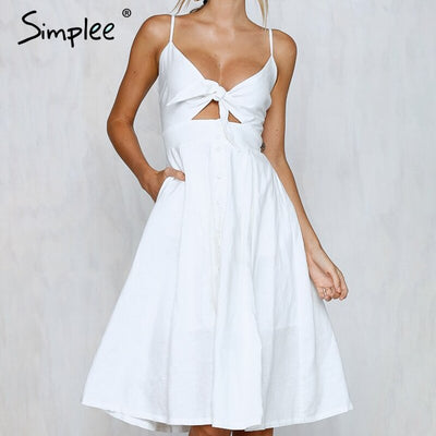 Simplee Hollow out bow midi dress women Causal backless summer dress female Button strap white dress 2018 spring vestidos - goldylify.com
