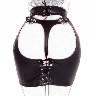 Black PU Leather Shapewear Control Panties Erotic Porn Skirt Sex Bdsm Bondage Mini Dress Spanking Attach Fetish G-String Teddy