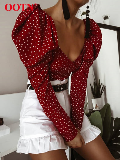 OOTN Vintage Polka Dot Women Puff Long Sleeve Wrap Top Elegant 2019 Lace Up Red Crop Top Blouse Sexy Backless Chic Female Shirts - goldylify.com