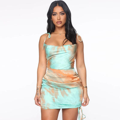 Summer Spring Women Sexy Ruched Mini Dress 2021 New Tie Dye Print Colorful Dresses For Women Party Clubwear Vestido