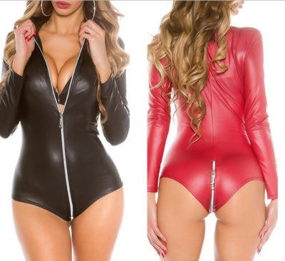 Sexy Open Crotch Leather Bodysuit for Sex Zipper Body Suits Women Pvc Dress Sexy Breast Exposing