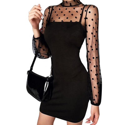 Manqi African Dot Print Sexy Mesh Patchwork Bodycon Causal Dress Long Sleeve Turtleneck Slim Cami Club LACE DRESS FOR WOMEN