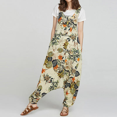 Rompers Womens Jumpsuit Vintage Floral Print Drop-Crotch Long Combinaison Femme