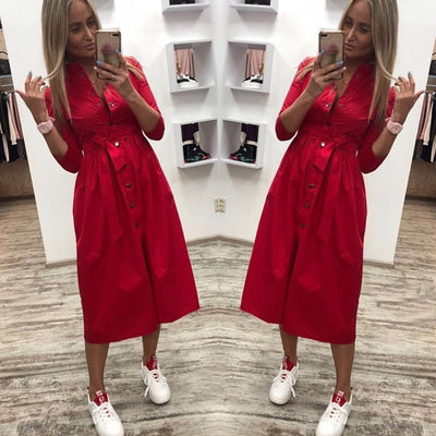 Women Vintage Front Button Sashes Party Dress Three Quarter Sleeve Turn Down Collar Solid Dress 2019 Autumn New Fashion Dress - goldylify.com