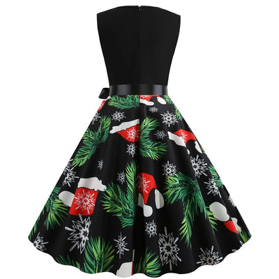 New Women Black Print Christmas Dress Elegant A Line Sleeveless Vintage Slim Midi Party Dresses