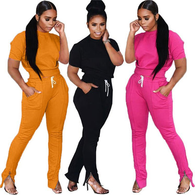 New style short sleeve drawstring trouser solid Outfit 2 Piece Set Women Clothing - goldylify.com