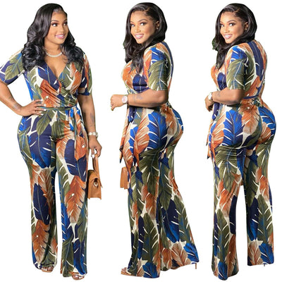 XL-4XL Women Clothing 2021 Summer Plus Size Jumpsuits Fashion Casual Printing Short Sleeve Long Rompers 