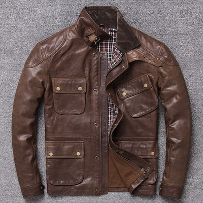 Autumn And Winter New Style First Layer Oil Wax Sheep Leather Genuine Leather Clothes Men's Workwear Short Slim Fit Jacket - goldylify.com