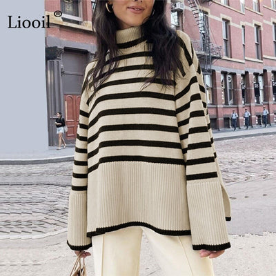 Black And White Stripe Sweater Streetwear Loose Tops Women Pullover Female Jumper Long Sleeve