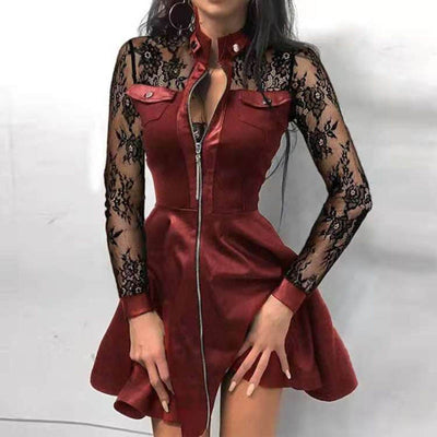 Lace Mesh Sleeve Patchwork Women Sexy Dress Autumn Stand Collar Print Zipper Pocket PU Leather Dress