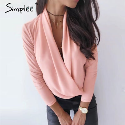 Simplee V neck office ladies blouses shirts Long sleeve autumn winter female white tops Sexy party club slim women blouse 2019 - goldylify.com