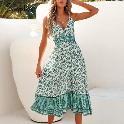 Simplee Women sleeveless summer dress Floral print high waist boho dress Spring streetwear ladies cotton v-neck long sexy dress - goldylify.com