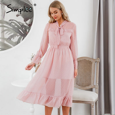Simplee Hollow out women party dress Casual ruffled high waist bow long sleeve maxi dress Chic ladies holiday work summer dress - goldylify.com