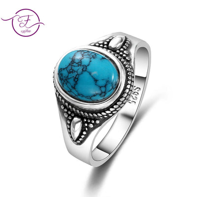 925 Sterling Silver Natural Turquoise Engagement Rings for Women Men Vintage Fine Jewelry Hot Sale Party Ring Gift - goldylify.com