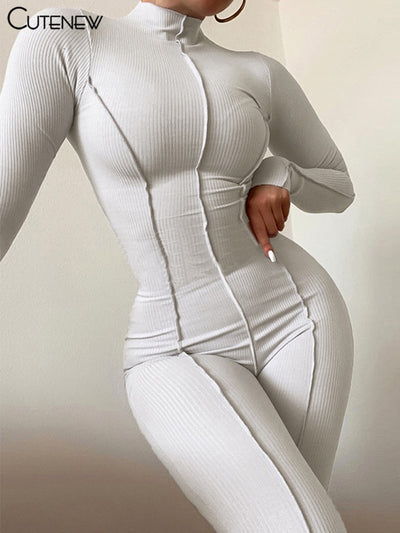 Solid Knitted Sports Turtleneck Long Sleeve Bodycon Jumpsuit Women Autumn Fashion Simple