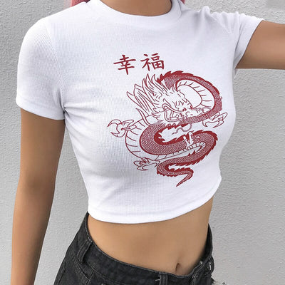 Rockmore White Chinese Character Dragon Print T Shirt Women Bodycon Casual Tshirt T-Shirt Femme Streetwear Tops Tee Shirt Summer - goldylify.com
