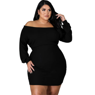 Black Off Shoulder Curved Mini Dress Plus Size Women&#39;s Clothing Slash Neck Slim Skirt Sexy Club Clothes Special Occasion Wear