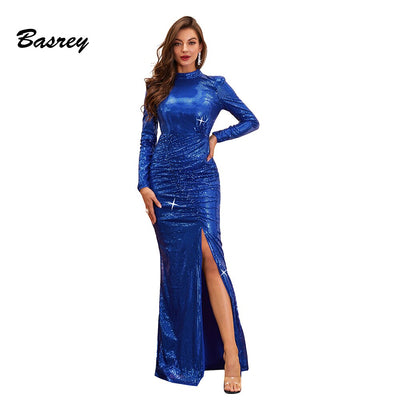 Women Mock Neck Slit Thigh Mermaid Hem Ruched Sequin Prom Party Long Dress DN80056