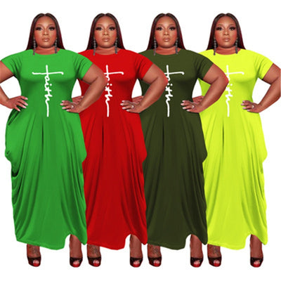 New Faith Letter Printed Dress Plus Size Women Summer Short Sleeve Loose Maxi Dress 4XL 5XL Round Neck Pockets Casual Dress