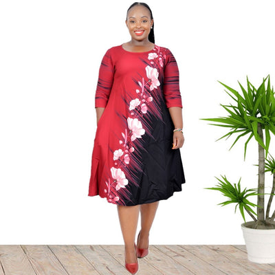 Fashion Designs Round Neck Three Quarter Sleeve Floral Dress Women A-line Plus Size 6xl African Dress