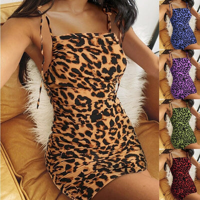 Sexy Leopard Print Spaghetti Strap Dress For Women Elegant Ladies Party Slim Bodycon Mini Dress Vestidos De Mujer