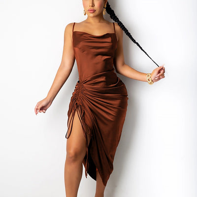 Ruched Satin Summer Dress Drawstring Spaghetti Straps Cowl Neck Backless Long Dresses for