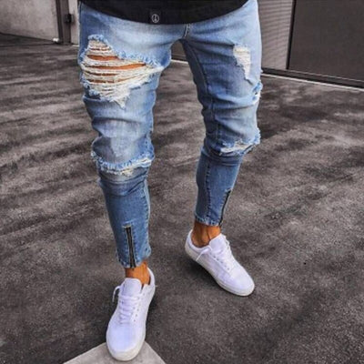 Mens Cool Designer Brand Pencil Jeans Skinny Ripped Destroyed Stretch Slim Fit Hop Hop Pants With Holes For Men Printed Jeans - goldylify.com