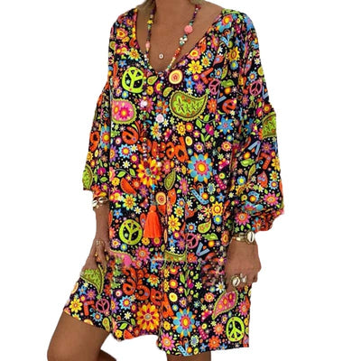 Plus Size Beach Style V-neck Full Sleeve Knee Length Floral Printed Casual Loose Irregular Lady Dress Women&#39;s Clothing