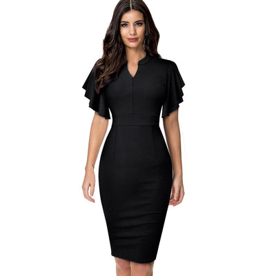 Nice-forever Vintage Solid Color Elegant Office Work vestidos Business Party Bodycon Ruffle Women Pencil Dress B572 - goldylify.com