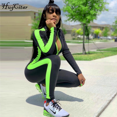 Hugcitar long sleeve striped patchwork zippers jumpsuit 2019 autumn winter stretchy streetwear outfits body - goldylify.com