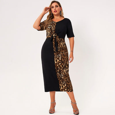 New Summer Long Dress Women 2022 Plus Size Black V-neck Short Sleeves Splicing Leopard Printing A-line Loose Casual Maxi Dresses