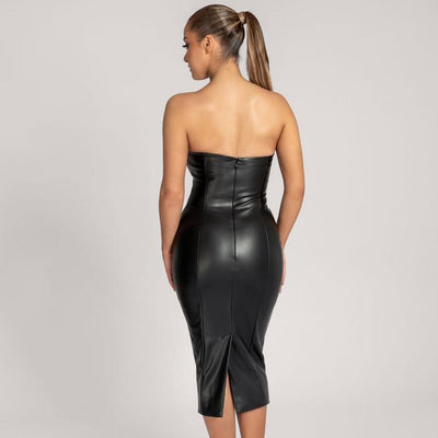 Strapless Stretch PU Bodycon Midi Dress Sexy Back Slit Black Chocolate Solid Elegant Outfit