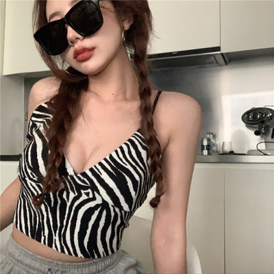 Women Sexy Deep V-Neck Zebra Camisole Spring Summer Short Tank Tops Striped Print Camis