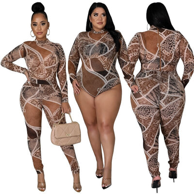 Sexy Outfits Women Plus Size Clothing Long Sleeve Bodysuit and Pants Clubwear Transparent Mesh Party Two Piece Set 