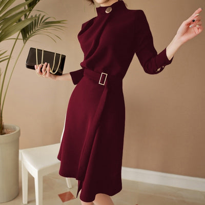 New Arrival Autumn Women Elegant Button Stand neck Belted Long Sleeve Work Business Party black wine