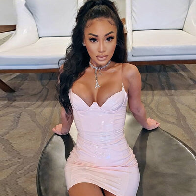 NewAsia Garden Pink Pu Leather Dress Women Clear Straps Low Cut Push Up Padded Party Dress Mini Solid Color Sexy Bodydon Dress - goldylify.com