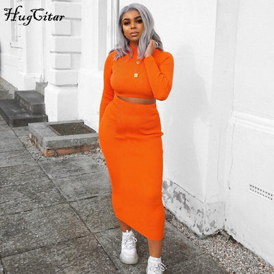 Hugcitar high neck long sleeve crop tops skirt 2 two pieces set 2019 autumn winter women fashion streetwear solid tracksuits - goldylify.com