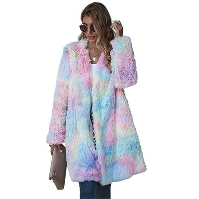 2020 Autumn and Winter New Faux Fur Coat Women Plush Color Tie Dye Long Long Sleeve Parker Fashion Casual Teddy Jacket Pink