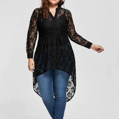 Elegant Lace Tops Women Ladies Plus Size Blouse Long Sleeve Lace Shirt Perspective Button Up Female Large Tops Womens Clothing