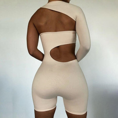 Summer Autumn Women Sexy Fitness Jumpsuit One Shoulder Skinny Bodycon Solid Sport Romper