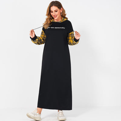 Dresses Woman Summer 2022 Plus Size Black Long Sleeve Casual Plaid Stitching Letter Print Sport College Style Midi Hooded Dress