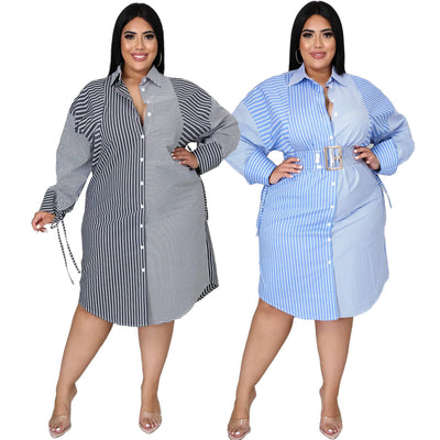 autumn 5xl plus size casual dress fashion stitching striped printing loose long sleeve shirt dress
