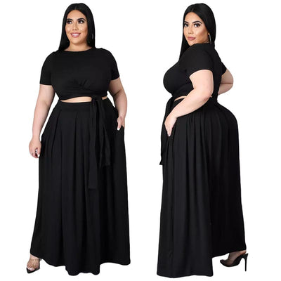 women plus size 5xl short sleeve t short long skirt two piece set solid color casual long skirt plus size outfit set