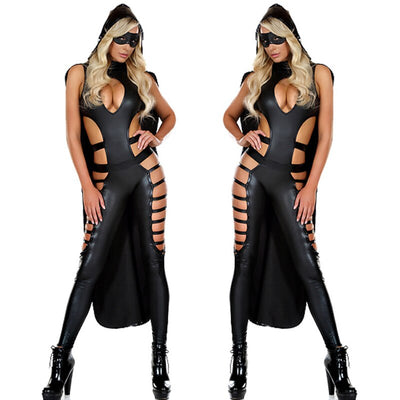 Sexy Black Women Dark Knight Villain Costume Halloween Famous Movie Character Costume Wet Look Leather Bodysuit Cut Out Jumpsuit
