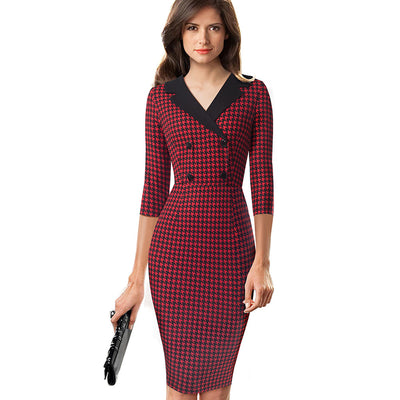 Nice-forever Vintage Houndstooth Patchwork Office Work vestidos with Button Business Party Women Bodycon Dress B570 - goldylify.com