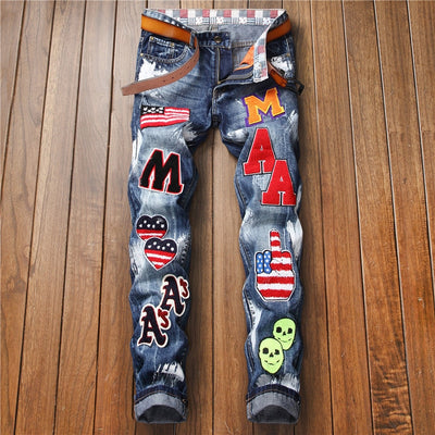 2019 AUTUMN Winter Men's Patchwork Ripped Embroidered Stretch Jeans Trendy Holes Straight Denim Trouers - goldylify.com