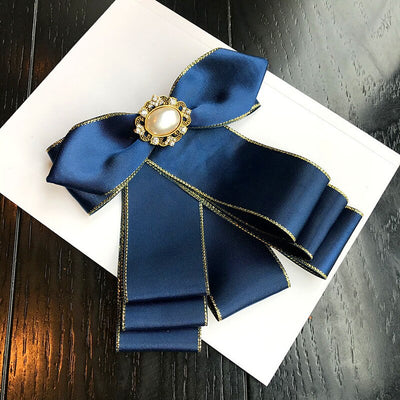 Japanese Vintage Palace College Style Imitation Pearl Rhinestone Big Bow Tie Fabric Brooches for Women Fashion Shirt Accessories - goldylify.com
